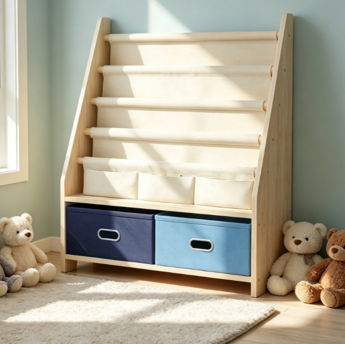 4-Tier Solid Wood Kids Bookshelf with Storage Bins and Sling Book Rack, Blue – Toy and Book Organiser