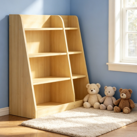 4-Tier Wooden Kids Bookshelf with Sling Book Rack and Toy Storage for Playroom and Nursery